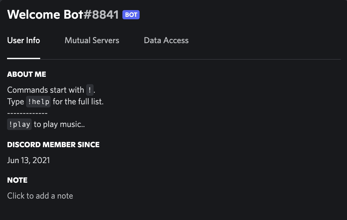 Screenshot of the Welcome Bot's profile on Discord